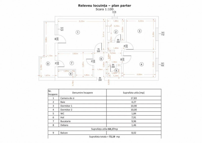 Dacia - Ap 3 camere, 2 balcoane, etaj 3