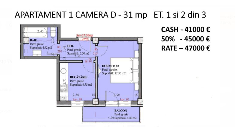 Apartament cu 1 camera , cartier Astoria 31 mp