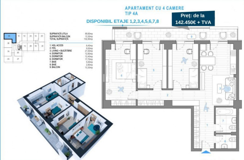 APARTAMENT 4 CAMERE , NICOLINA , 103 MP