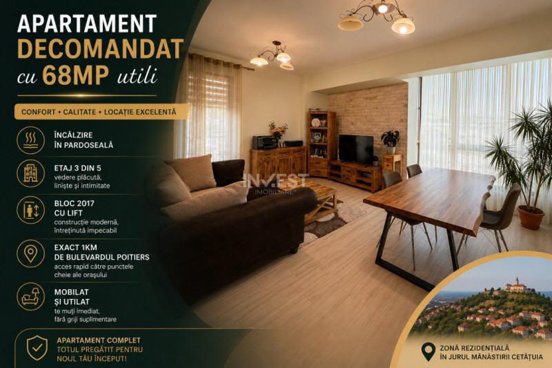 Apartament 2 camere decomandat - 68 mp utili - zona Cetățuia-Iași