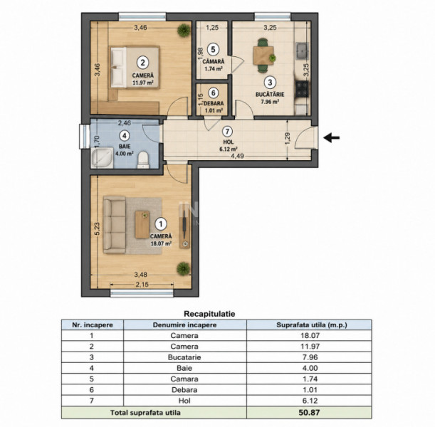 Apartament 2 camere decomandat, parter înalt, Podu Iloaiei – zonă centrală