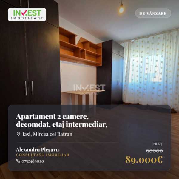 Apartament 2 camere, decomandat, etaj intermediar, zona Mircea cel Batran