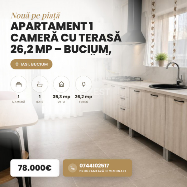 Apartament 1 cameră cu teren 26,2 mp – Bucium, Aleea Plopii fără Sot – bloc nou