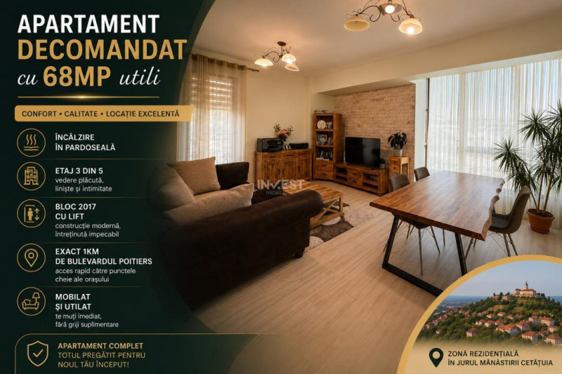 Apartament mobilat 68 MP Utili - etaj intermediar cu lift - zona Cetățuia-Iași